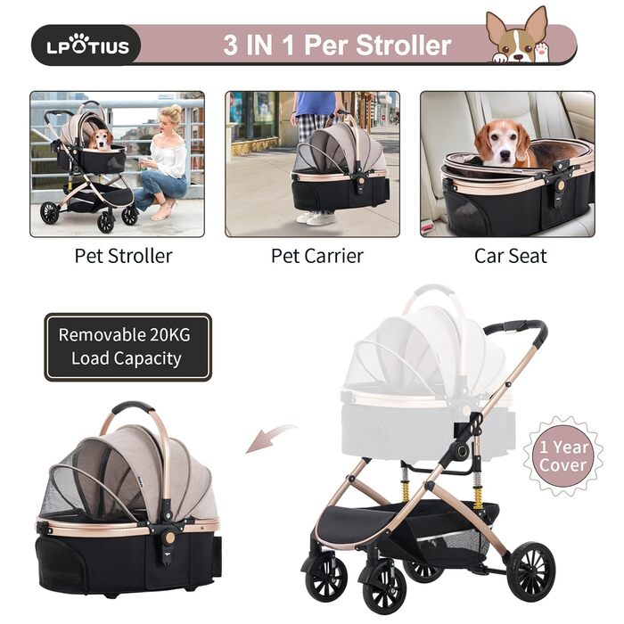 3 в 1 Візок для собак з знімним сидінням, будіжок, переноска, складаний, для домашніх тварин, візок для дітей до 25 кг, Рожевий, Шампань