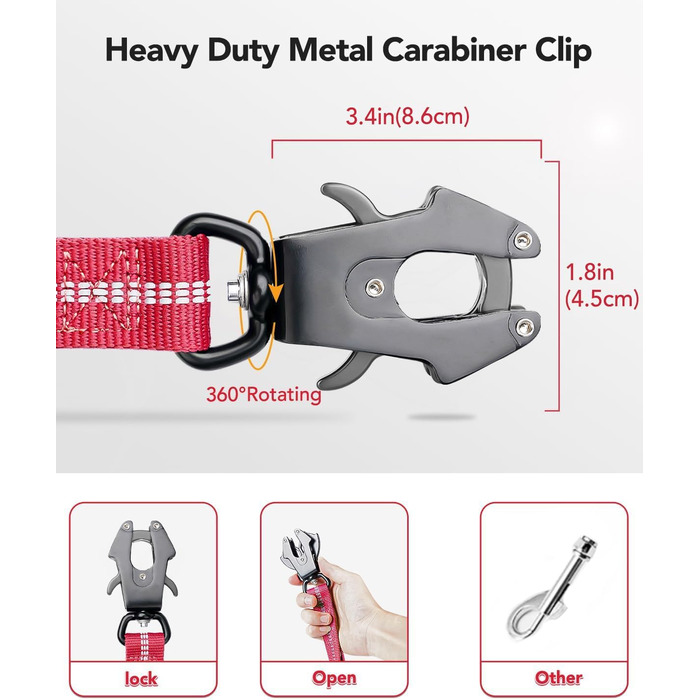 Тактична повідок для собак Joytale, еластична (bungee) повідок з 2 м'якими ручками, кріплення для автомобіля, повідок без ривка для середніх, великих та дуже великих собак (1.2м-1.8м, світорожевий)