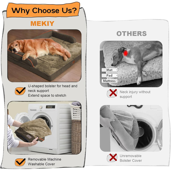 Велике ортопедичне собаче ліжко з водонепроникним покриттям – знімний чохол, Memory Foam – для великих собак, ліжко з валиком для шиї, диван-ліжко, коричневе, розмір 114 x 89 x 20 см