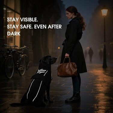 Водонепроникний дощовик для собак XXL, чорний, з капюшоном та отвором для повідка, з відбиваючими смугами, для великих порід (Лабрадор, Голден Ретрівер, Німецька вівчарка, Боксер)