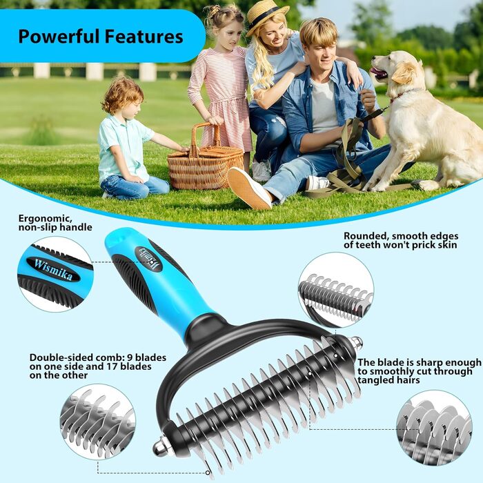 Двостороння щітка для грумінгу собак та котів 2-в-1, видаляє підшерстя, вичісує шерсть, самоочисна, блакитна