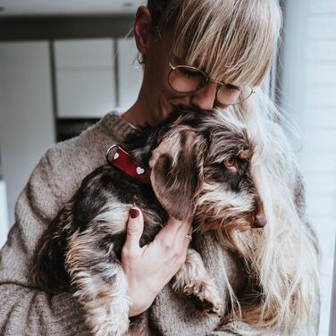 Нашийник для собак HUNTER Love, червоний/чорний, м'яка та міцна натуральна шкіра, ручна робота, декоративні серця, розмір 42, зроблено в Німеччині