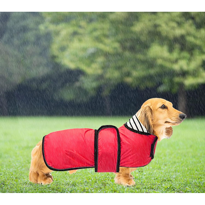 Водонепроникний дощовик для собак Geyecete, регульований, для такс, з світловідбиваючими елементами, червоний, S (довжина спини 36-38 см)