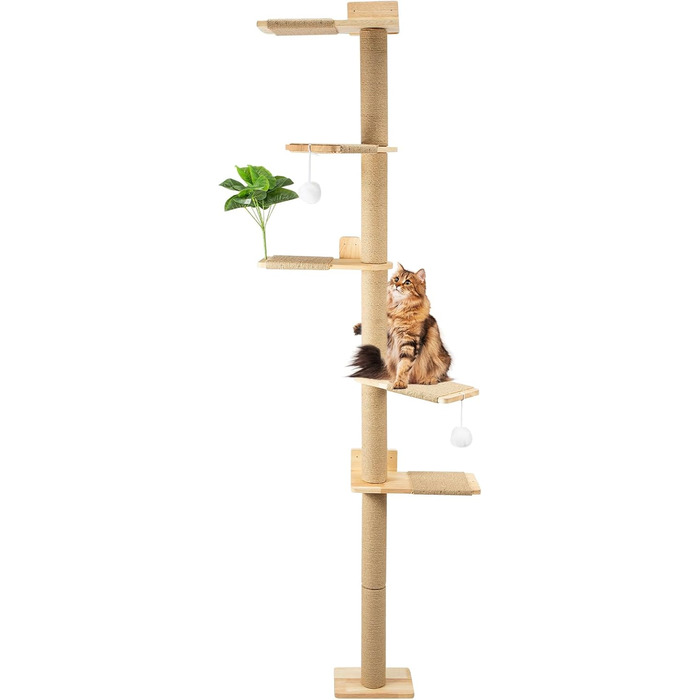 Кігтеточка для котів Youyijia 206 см з натурального каучукового дерева, 5 ярусів, настінна, з розширеною основою, плюшевими кульками, 360° обертання, XXL кігтеточка для котів
