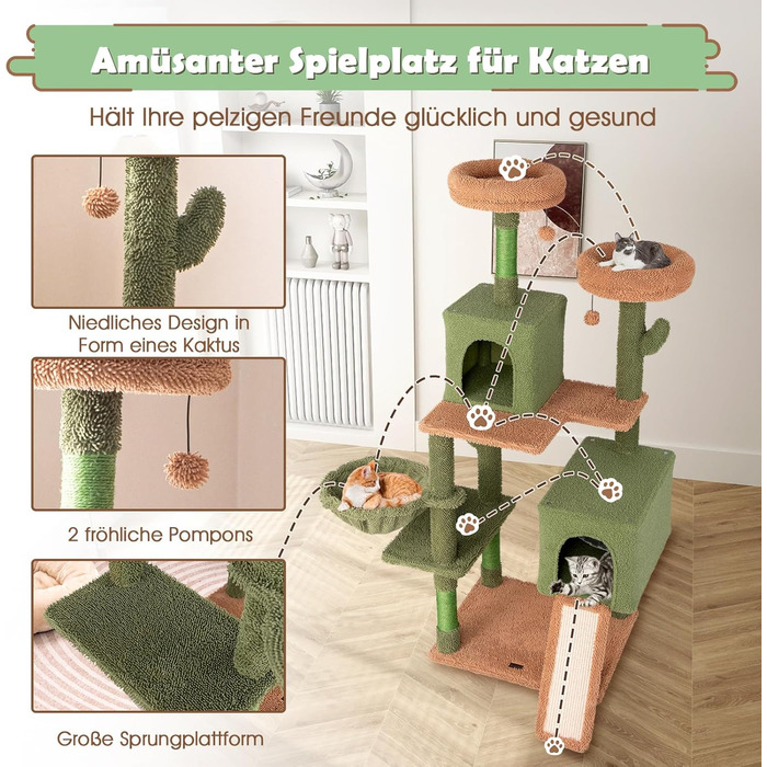 Драбина-кіготь для котів COSTWAY Kaktus: іграшка, платформа, корзина, 2 котячі будиночки, 160 см