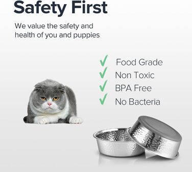 Набори мисок для котів URBUDDIES з нержавіючої сталі (2 шт.), преміум-якість, з гумовою основою, легко миються, 2 чаші, сіра основа