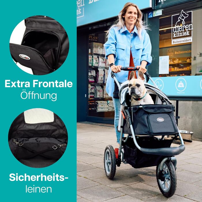 Візок для собак Innopet Comfort EFA Eco чорний/червоний – складний візок для собак/кішок, підходить для лісових стежок та пляжу, з великими колесами 30 см, вантажопідйомність 25 кг, 2 повідки всередині (Чорний Сріблястий)