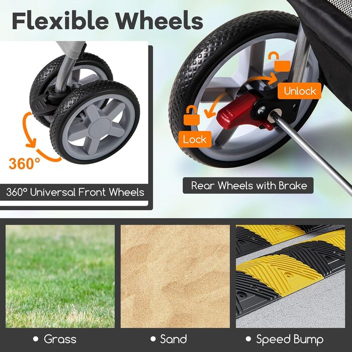 Візок для собак та котів SOARS, до 15 кг, складний, з сіткою, тримачем для напоїв та кошиком для зберігання, сірий