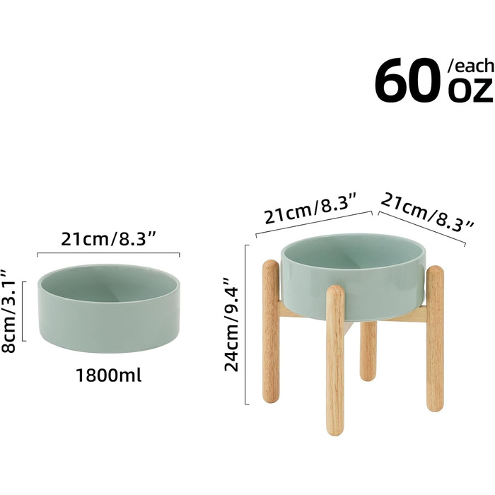 Керамічна годівниця для собак Havniva 21 см зі стійкою, великі породи, миска для їжі та води (1 шт., світло-зелена)