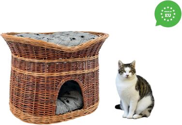 Плетений котячий кошик для сну 70 см, двоярусний, з сірою подушкою, для котів і собак, лакована верба