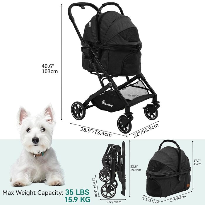 Візок для собак YITAHOME - чорний, для маленьких собак до 15.9 кг, 3-в-1, складаний, візок для котів та дітей