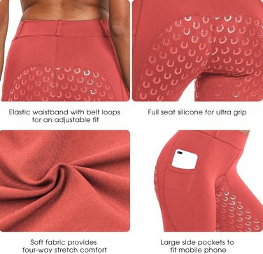 Спортивні штани для їзди верхи FitsT4 Daen з силіконовим покриттям, кишенею для телефону та петлями для ременя (M, Червоний)