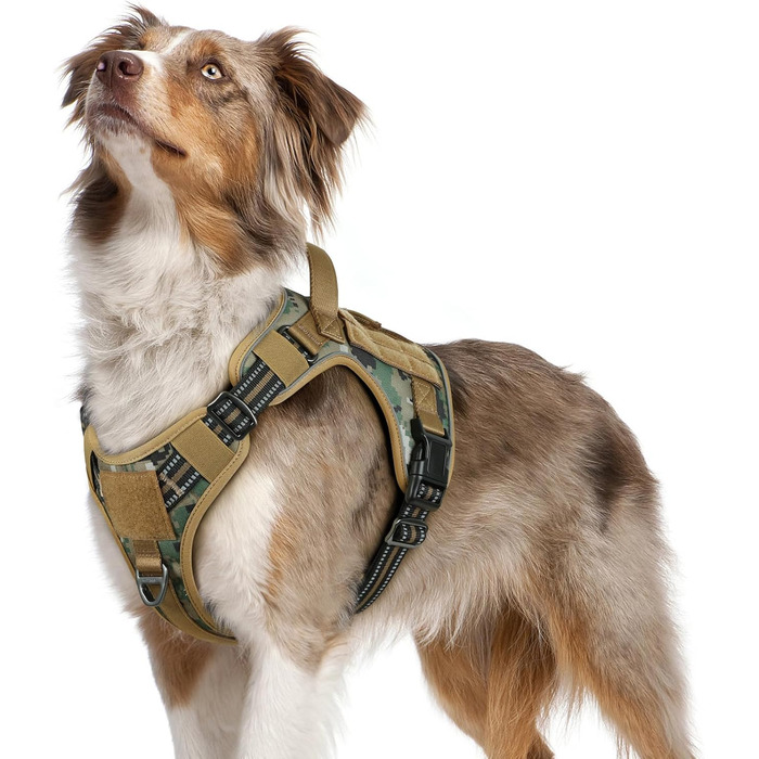 Нашийник для собак Rabbitgoo середнього розміру, анти-тяга, регульований з ручками, міцний, зносостійкий, тактичний, з металевими пряжками, для прогулянок (M, камуфляжний коричневий)
