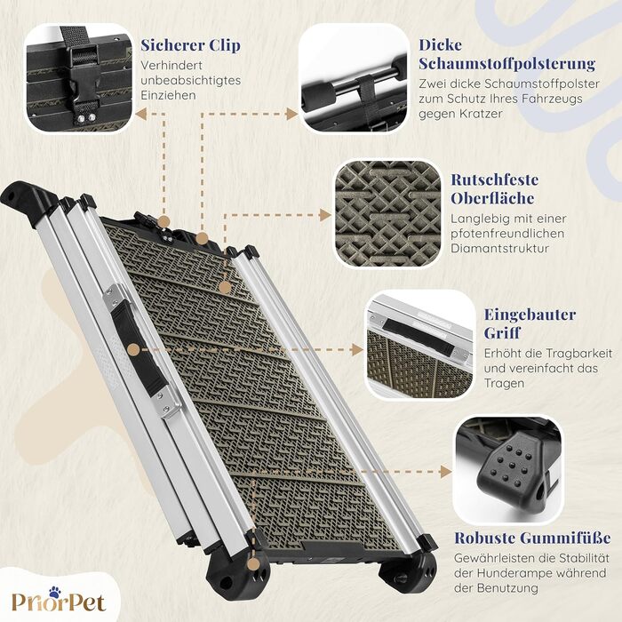 Рампа для собак у машину, складна, стабільна, до 90 кг, телескопічна, алюмінієва, для великих собак, з відбивачами, сірого кольору Shadow Gray