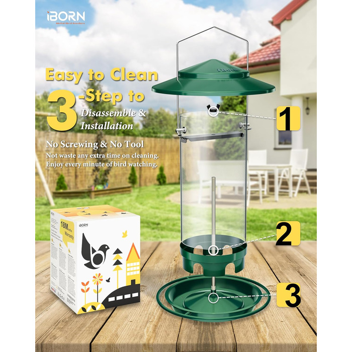 Годівниця для птахів iBorn, металева, з дахом, зелена, для цілорічного годування