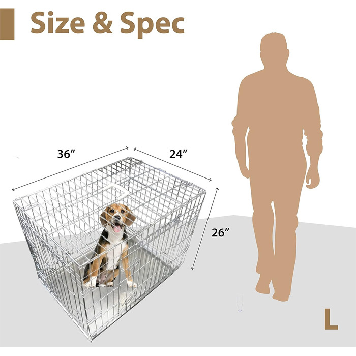 Клітка для собак Ellie-Bo, переноска для цуценят, велика, 91 см, сріблястого кольору, складана, з 2 дверцятами, з металевою мискою, що не гризеться, розмір 91 x 61 x 66 см