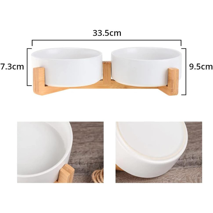 Двомісна керамічна годівниця для собак та котів з дерев'яною підставкою, рожева, 2x400 мл