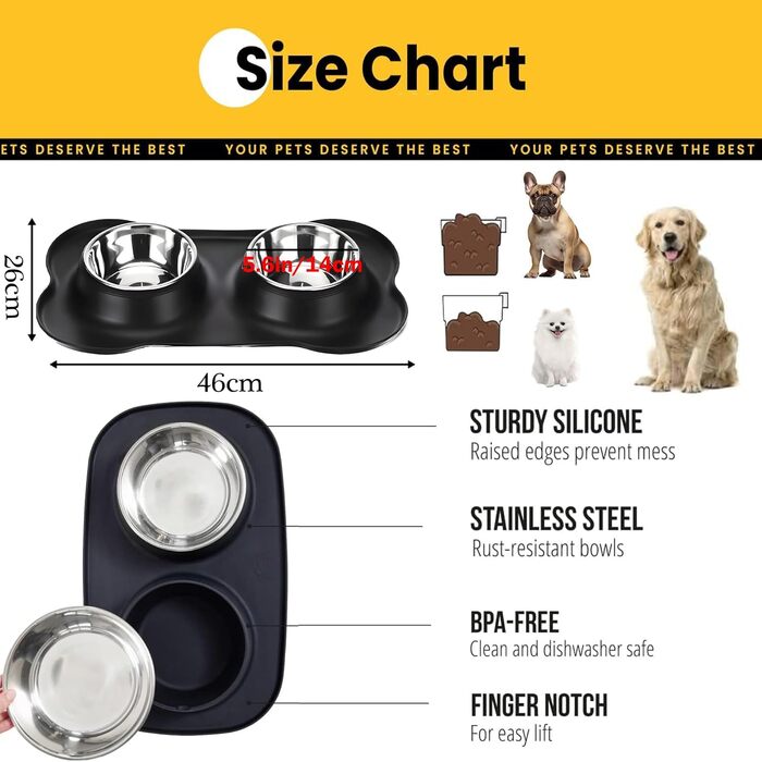 Набори мисок для собак CEASELESLY з нержавіючої сталі (2 x 400 мл) з підставкою з силікону, чорного кольору. Підходять для собак середніх та малих порід, кошенят та цуценят.