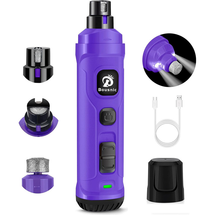 Шліфувальник для собак Bousnic Krallenschleifer: тихий електричний триммер з LED-підсвічуванням для собак та котів середніх та малих порід, фіолетовий