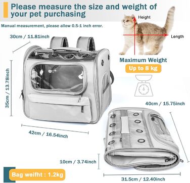 Розширюваний рюкзак для котів та маленьких собак Onebarleycorn, рюкзак-переноска для котів, сірий, до 8 кг