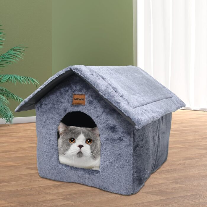 Whiwhi плюшева котяча хатка з м'якою подушкою, переносна котяча будка з нековзкою основою, теплий та затишний будиночок для котів і дрібних тварин, 40x35x40 см, темно-синій