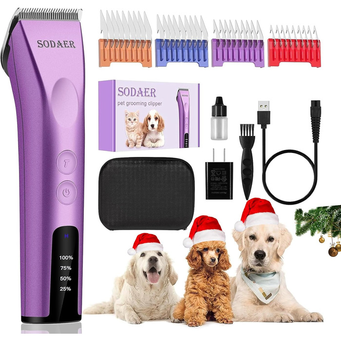 Професійний набір для догляду за шерстю тварин: собаки, коти, коні. Бездротовий, 5-в-1, тихий, потужний, акумуляторний. Для густої шерсті (фіолетовий)