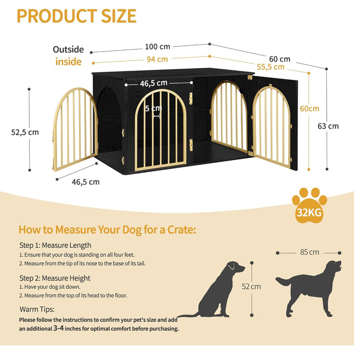 Клітка для собак Hzuaneri, 100 см, 3 двері, сучасний дизайн, чорне золото DFC84104A