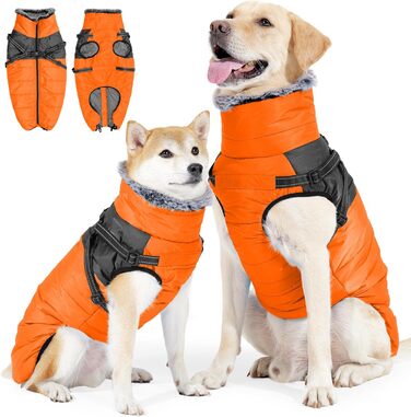 Зимовий теплий пуховик для собак, водонепроникний та вітронепроникний, з інтегрованим шлейкою, світловідбиваючими елементами та блискавкою - ідеальний для холодної погоди та снігу (Помаранчевий, S)
