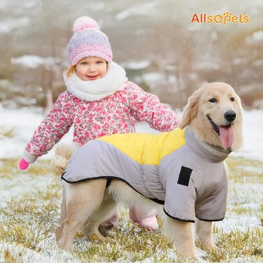 Водонепроникний дощовик для собак середніх та великих порід від ALLSOPETS, тепла зимова куртка з світловідбиваючими смугами, вбудованим повідком, захист від вітру для холодної погоди (Яскраво-жовтий, 2XL)