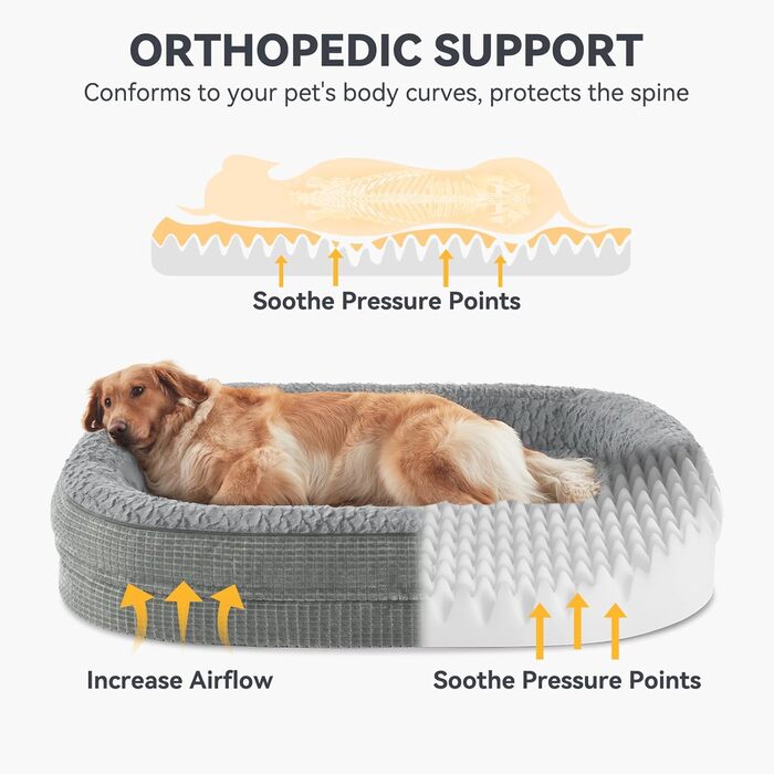 Ортопедичне ліжко для собак JOEJOY, диван для великих тварин, з піною з ефектом пам'яті, підтримує шию, розмір M (28'x 23'x 6.5'), сірий