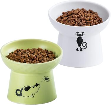 Набір мисок для котів та собак з кераміки, підняті миски, набір 2 шт. (білий & смарагдовий)