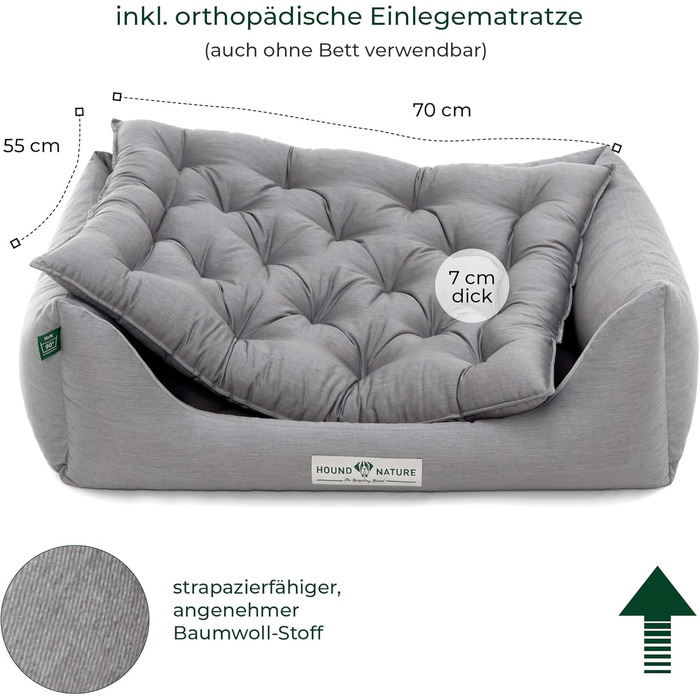 Ортопедичне ліжко для собак HOUND & NATURE Zermatt, корзина для собак середнього розміру з високим бортиком, м'яке собаче ліжко з подушкою (M - 95x70 см, світло-сірий)