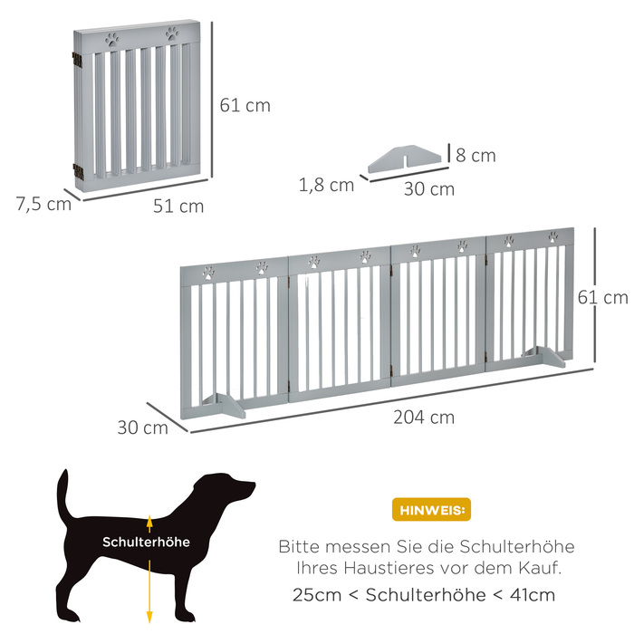 PawHut Barrier Dog 4 частини, 204 x 61 см складні ворота з 2 опорними ніжками, окремо стоячий щиток для собаки, дерев'яні сходові ворота для передпокою, сходи, світло-сірий | Аосом