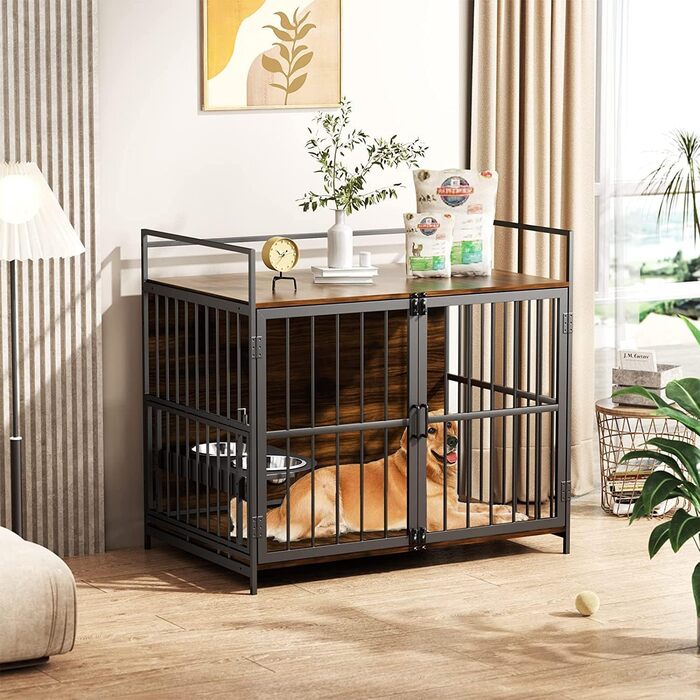 ROOMTEC Стильна велика собача клітка з 360° оглядом і регульованою підставкою для годування, 2 металеві миски, тумба для дому, розміри 104,1×61×91,4 см, класичний дизайн