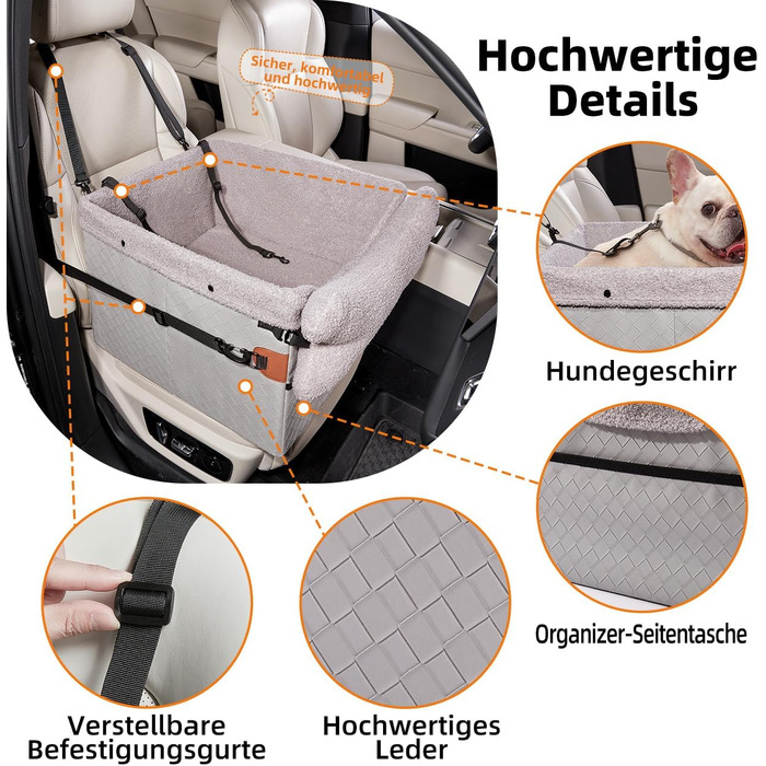 Автокрісло для собак - велике, чорне/сіре, з кишенями та поворотком, для собак середніх та великих порід