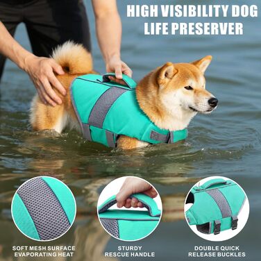 Рятувальний жилет для собак з високою плавучістю, світловідбиваючий, для плавання, катання на човні, серфінгу, каякінгу. Підходить для собак маленьких, середніх та великих порід. Колір: зелений (світло-блакитний), розмір: L