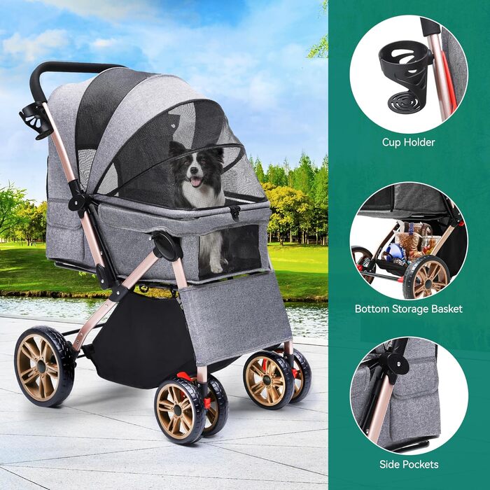 Візок для собак та котів YITAHOME, складаний, до 22 кг, сірий