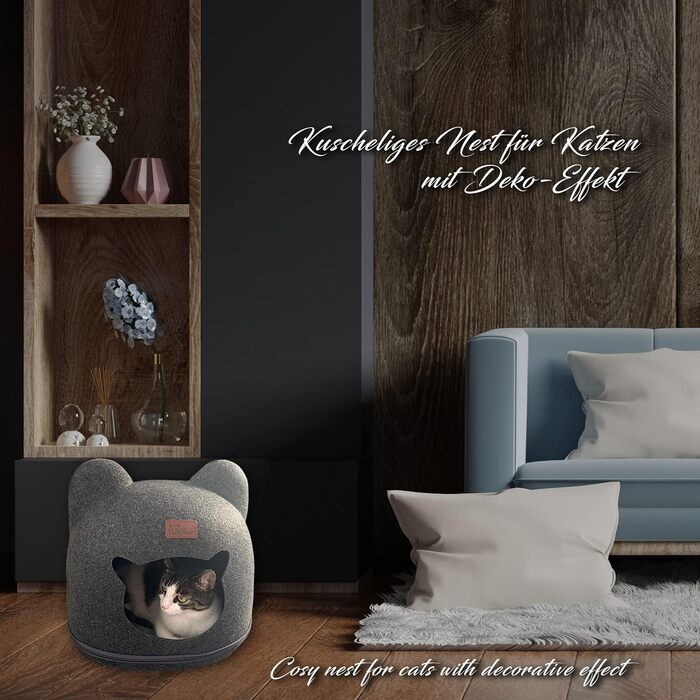 Luxflair Стабільний фетровий будиночок для котів з вушками, 38x42x36 см, темно-сірий, з подушкою, для котів і малих собак, праний