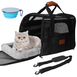 Транспортна сумка для кота, переноска для кота, складана переноска для кота в літаку, переноска для тварин з мискою та флісовим килимком, переноска для котів та маленьких собак до 10 кг (Чорна)