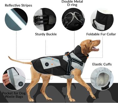 Теплий зимовий одяг для собак великих порід: куртка-манта з флісу, чорного кольору, водонепроникна та вітронепроникна, з блискавкою (XL, M (обхват шиї 38 см, обхват грудей 53 см))