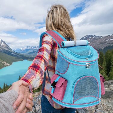 PETCUTE Рюкзак-переноска для собак і котів, дихаючий, знімний килимок, безпечна повідка, для подорожей, походів, кемпінгу, до 6 кг, блакитний + рожевий