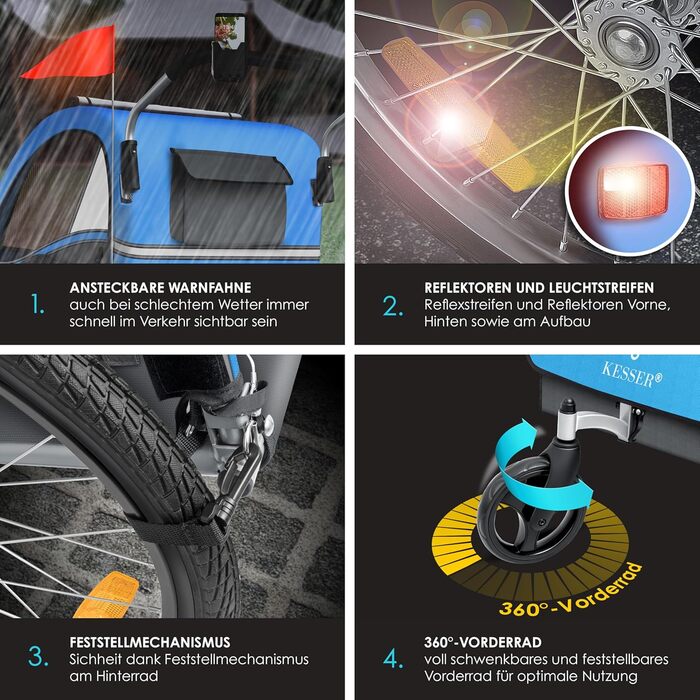 Дитячий велопричіп KESSER Sport-RX 2в1 (вело-коляска) для 1-2 дітей, до 40 кг, з рефлекторами, 5-точкова система безпеки, тримач для напоїв та смартфон