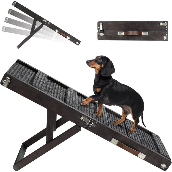 Рампа для собак Pawaboo: дерев'яна сходинка для домашніх тварин, 4 регульовані висоти, 13,6'-21', для маленьких собак і котів, з антиковзною поверхнею, чорна (80x30 см)