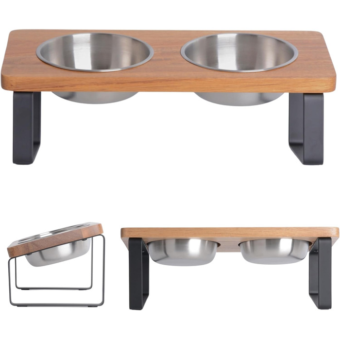 Підвищена годівниця для котів та маленьких собак з кераміки та дерева (Акація - Нержавіюча сталь)