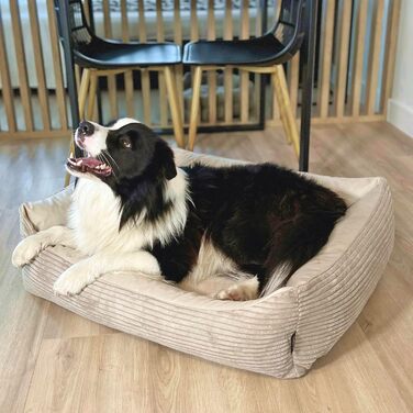 Зручне ліжко для собак 4L Textil Otto з знімним та пральним покриттям, кошик для собак, подушка для середніх собак, пухнасте, диван для собак (100 x 80 см, смужки 04) Розміри: 100 x 80 x 20 см, Бежевий