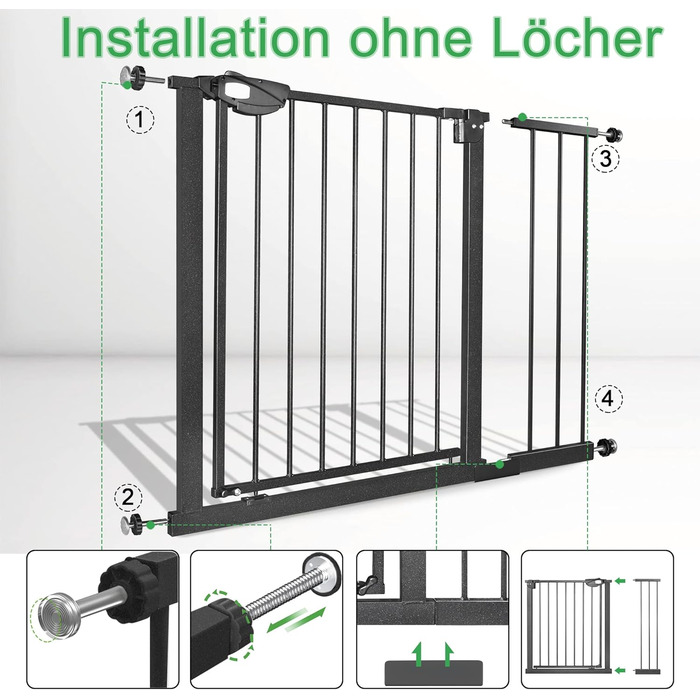 Захист для воріт/сходи: сітка без свердління, 105-115 см. Ідеально для собак та дітей. Двозамкове закриття, автоматичне закриття, відкривання однією рукою, стопор 90°, білий колір.