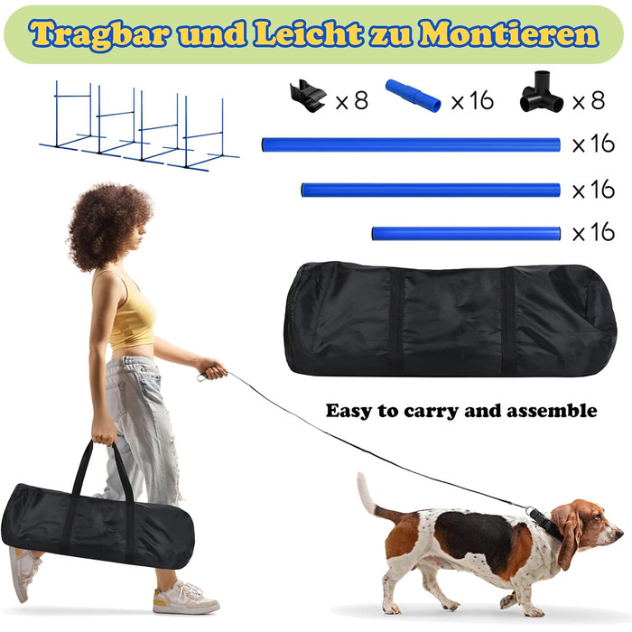 Набір для аджиліті для собак LZQ: комплектація включає 4 переносні бар'єри регульованої висоти, тренувальний набір для собак, фігури для слалому, сумка для перенесення, розмір 104x70x101 см, блакитний колір