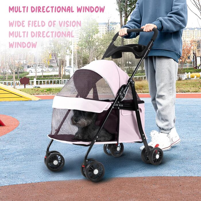 Візок для собак 2 в 1, будівельник для собак до 20 кг, 4 пари коліс 360°, візок для собак/кішок/дітей з тримачем для напоїв, складний візок для маленьких/середніх собак та котів (Рожевий)