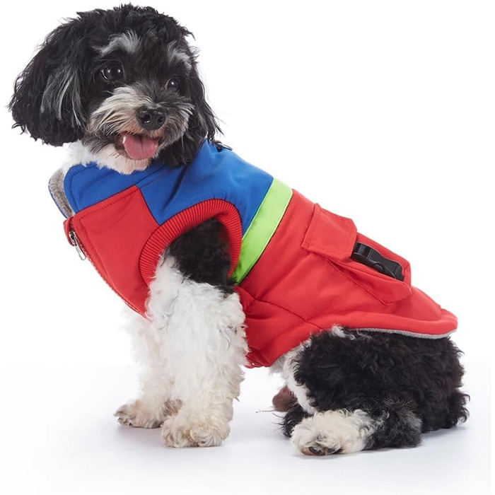 Тепла водовідштовхувальна куртка для собак маленьких та середніх порід. Зігріваючий зимовий одяг для собак з отвором для повідка та кишенями, світловідбиваюча (червоний, синій, S)