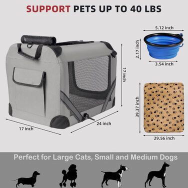 Petprsco Велика переноска для котів і собак, 61x43x43 см, з теплою ковдрою, складаною мискою та м'якою підстилкою, для подорожей